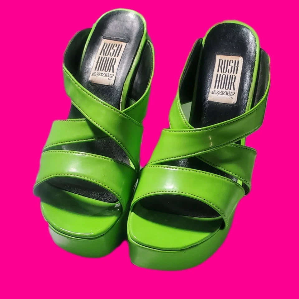 VINTAGE AÑOS 90 RUSH HOUR EXPRESS Bazzar VERDE LIMA Tacones Hexagonales Plataforma Mules Retro Foto 2 de 4