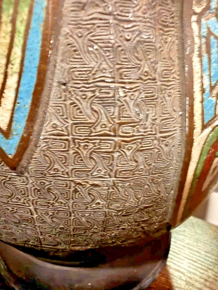 Antique Bronze Cloisonné Enamel Vase East Asian Floral Geometric 14in 8 lb - Image 3 of 4