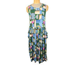 Vintage BILA Women's Tropical Patchwork Ruffle M Maxi Dress Sleeveless Vacation