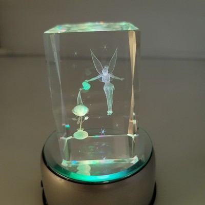 Disney Tinker Bell Art 3d Laser Etched Crystal With Color Changing Base Light