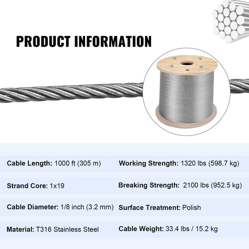 T316 Stainless Steel Cable 1/8" 1x19 Steel Wire Rope Railing Kit 1000FT - Picture 7 of 12
