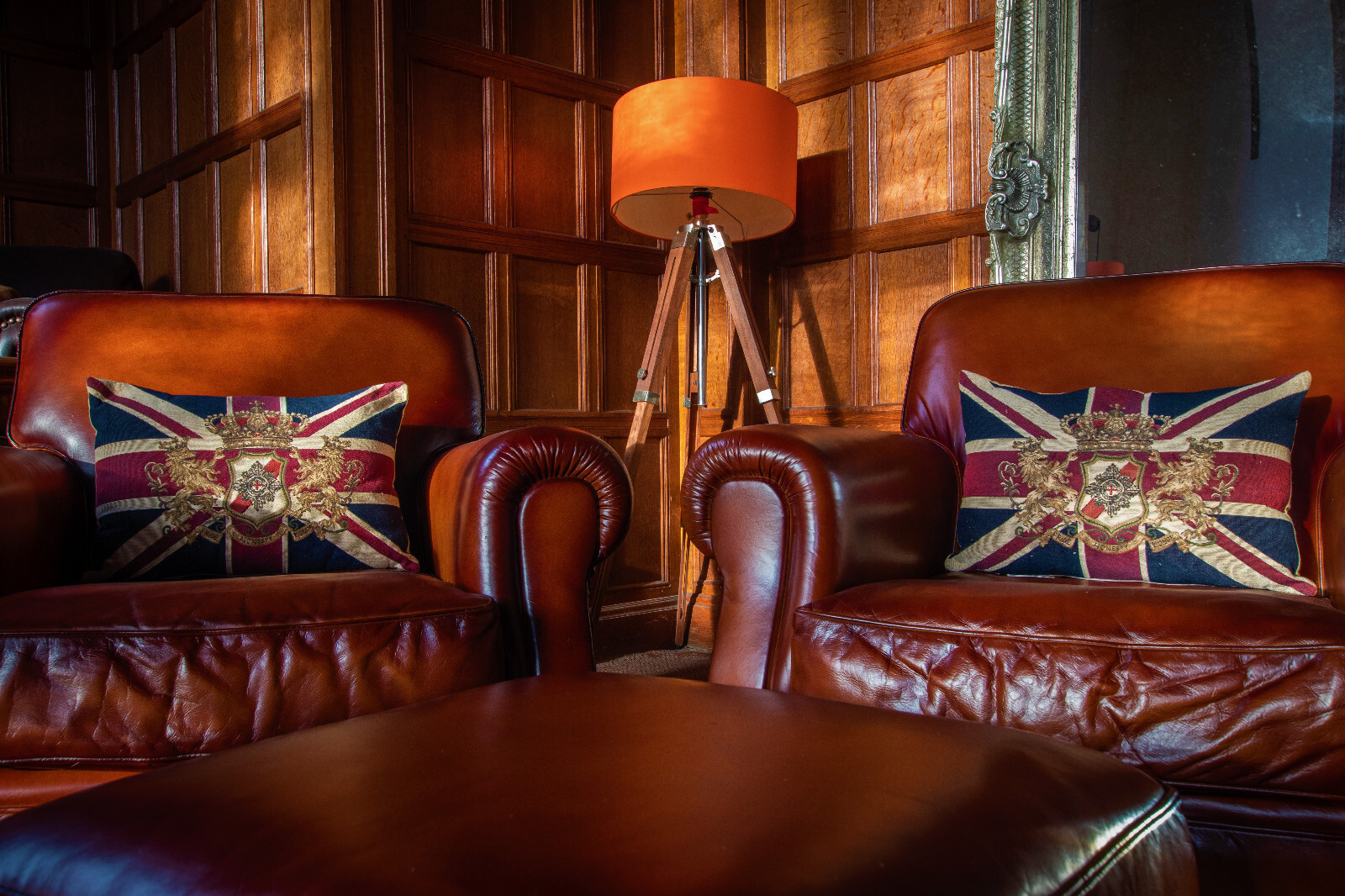 PAIR of TETRAD STORNOWAY ANTIQUED TAN BROWN LEATHER CHESTERFIELD CHAIRS