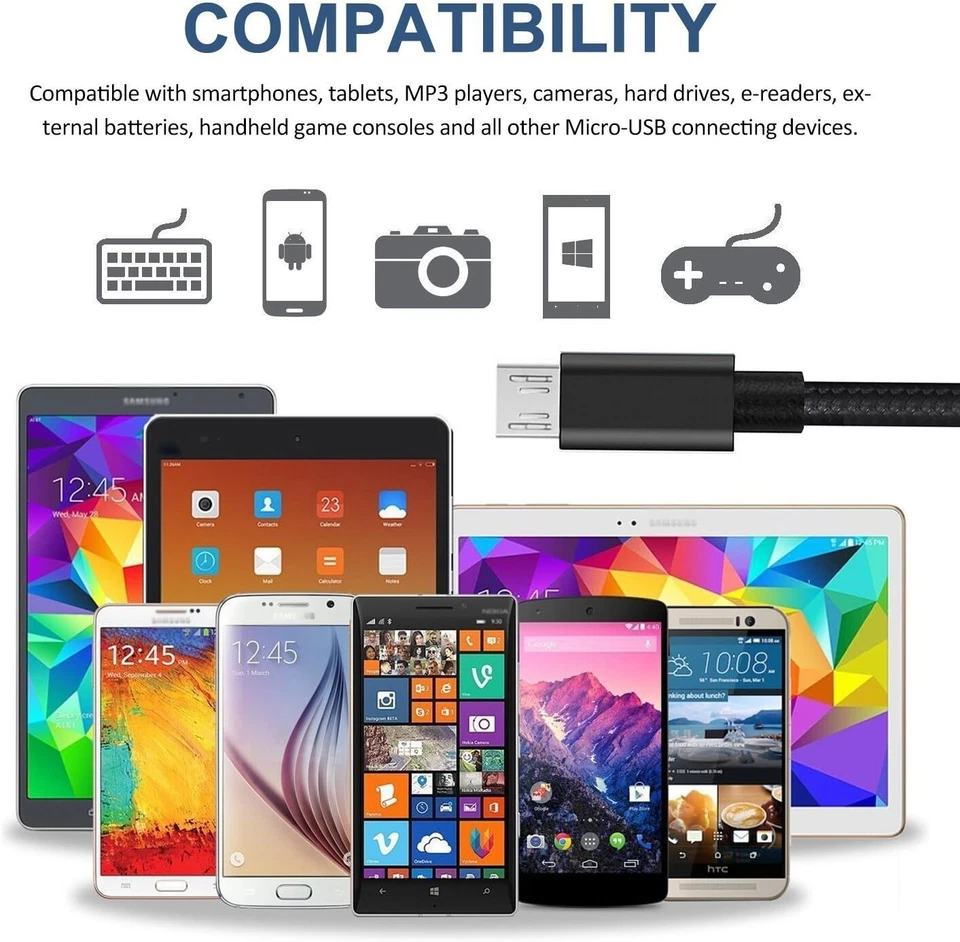 4X Fabric Micro USB Fast Charger Data Cable Cord For Samsung Android Multicolor - Image 2 of 2