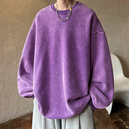 Men Crew Neck Oversized Sweatshirt Vintage Loose Solid Color Sweatshirt Tops - Picture 4 of 18