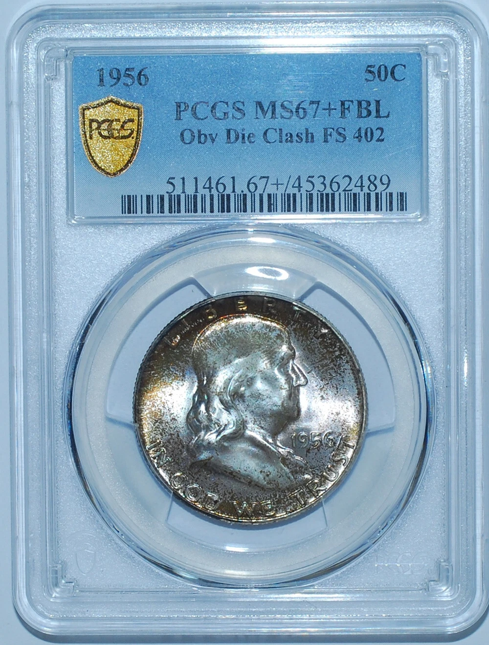 1956 PCGS MS67+FBL FS-402 Obverse Die Clash Full Lines Franklin Half Dollar