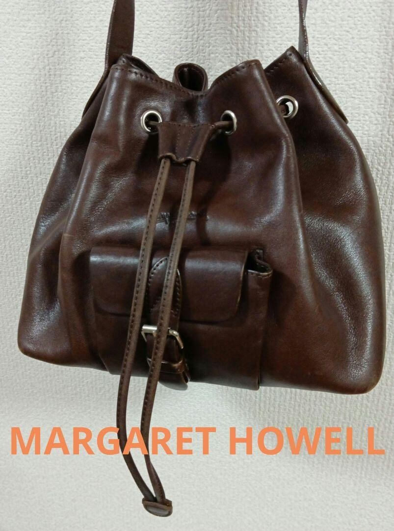 Margaret Howell MHL Drawstring Shoulder Bag Leather Dark Brown