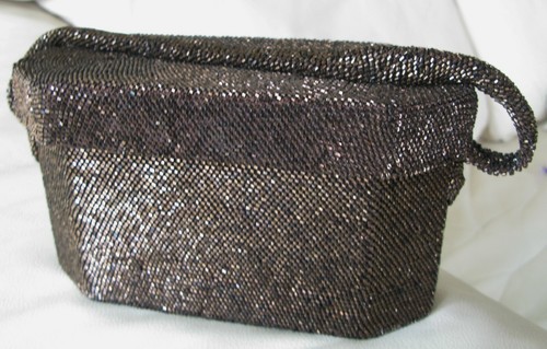 Vintage Brown Copper Crochet Beaded Box Satin Lined Mirror Purse 1930 1940 - Picture 4 of 12