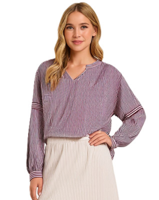 Crown & Ivy Women's 100% Cotton, Burgundy, White Striped Pullover Blouse Size 1X