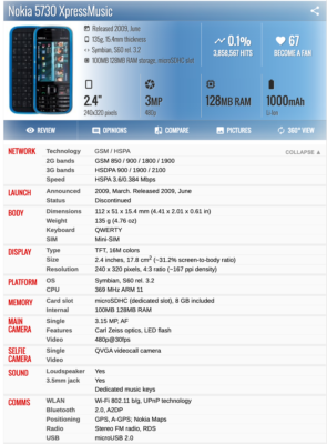 Bluetooth Nokia 5730 XpressMusic 3G bands HSDPA 900 / 1900 / 2100
