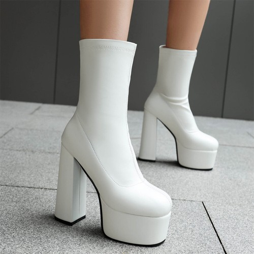 Women Stretch Platform Pull On High Block Heel Punk Club Party Shoes Ankle Boots - Picture 3 of 23