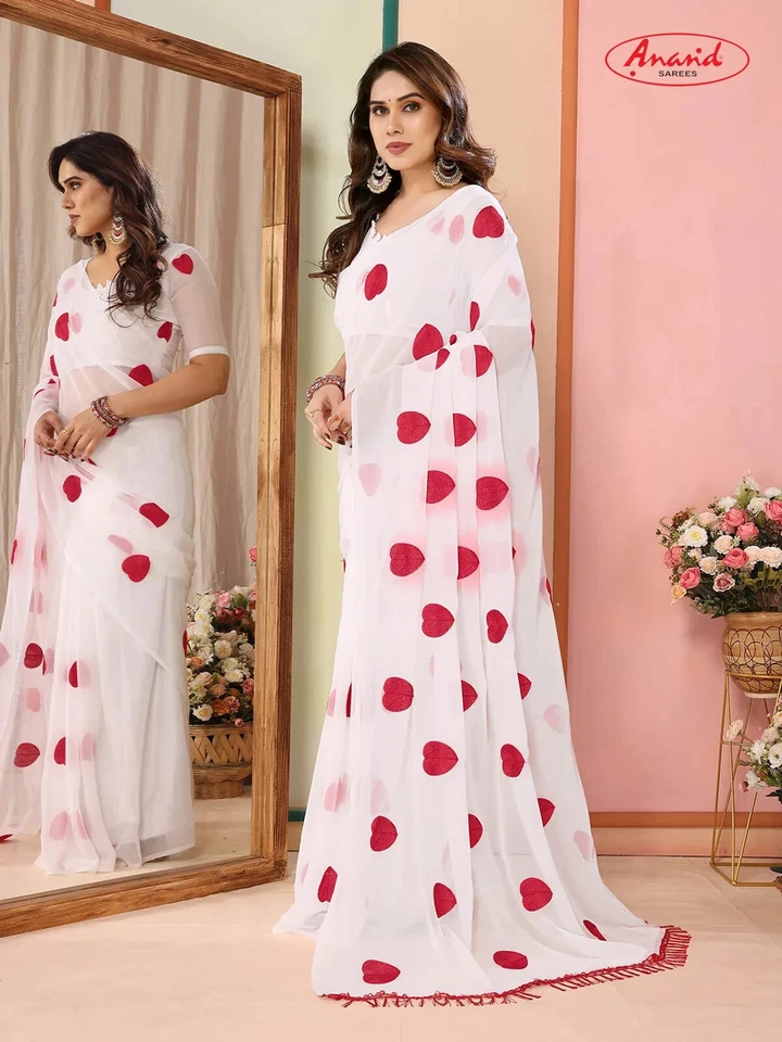 NUEVO Sari de fiesta blanco rojo corazón bordado indio paquistaní diseñador sari Foto 2 de 4