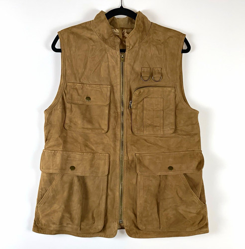Banana Republic Men's Hunting Vest Tan Goat Suede M Full Zip Lined Multi-Pocket