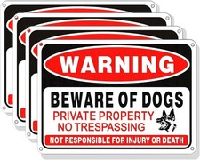 4 Pack Beware of Dog Signs Reflective Aluminum Fence Warning Sign 10x7