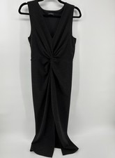 Nicole Miller Elegant Metallic Black Twist-Front V-Neck Evening Dress Front Slit