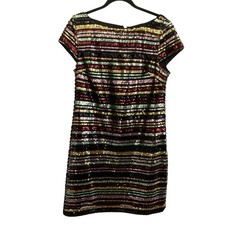 Vince Camuto Dress Womens 12 Black Multi Sequin Stripe Short Sleeve Party