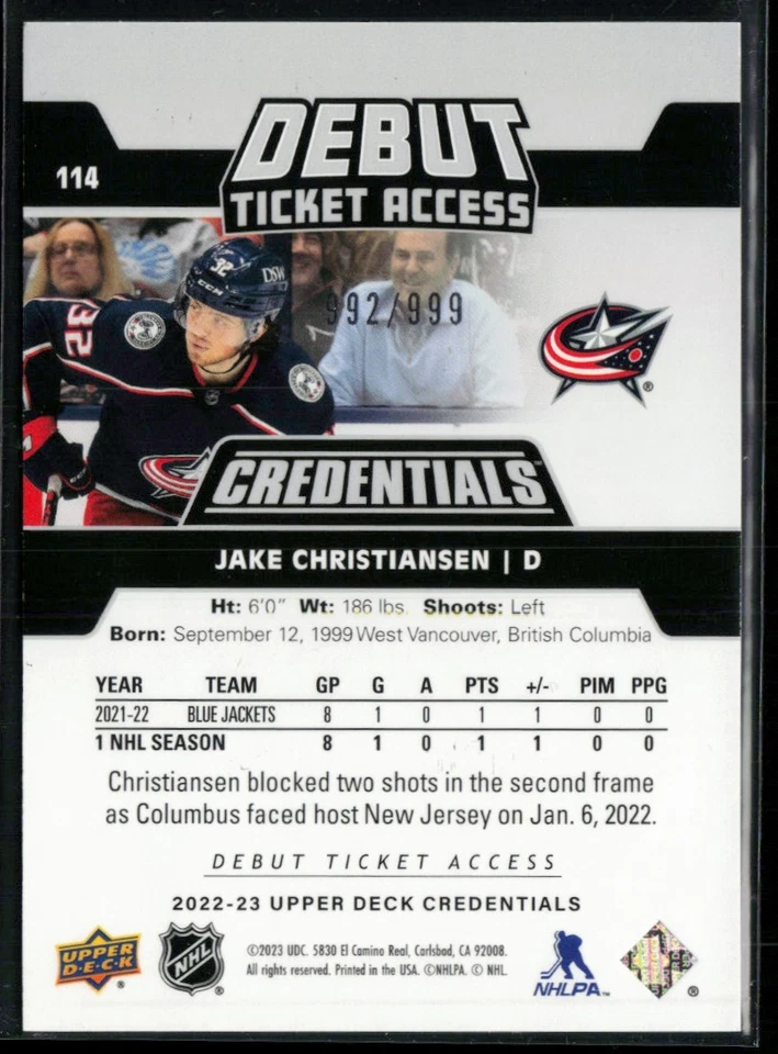 2022-23 Upper Deck Credentials #114 Jake Christiansen RC 992/999 - Image 2 of 2