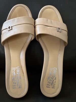 Authentic Salvatore Ferragamo Cream Leather Mid Heel Wedge Sandals 6 B