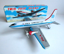 T.T Takatoku Toys Japan Twin Prop Friction Drive Tinplate Aircraft Pan American