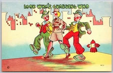 Look Who's Guarding Who - Two Men with Military Woman - Humor Vintage Postcard