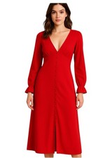 ASOS Red Long Sleeve Midi Dress with Deep V-Neck & Button Front – Size 6