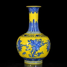 Fine Collectable Art Handmade Painting Yellow Glaze Porcelain Plants Vase