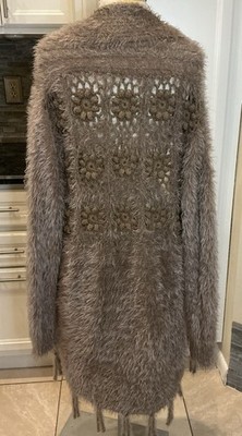 High Street Brown Shaggy Knit Open Front Cardigan, Fringes, Daisy Crochet Pocket