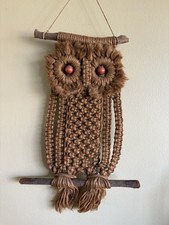 Vintage 1970s Macrame Owl Wall Hanging Boho Jute Rustic Retro Fibre Art