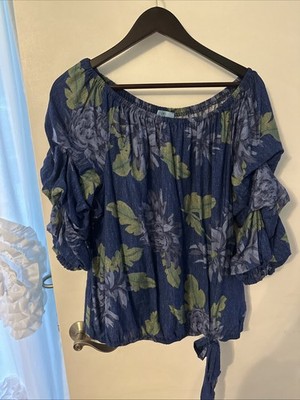 CeCe Off the Shoulder Boho Floral Blue Top Lantern Puffy Ruffled 3/4 Sleeve XL