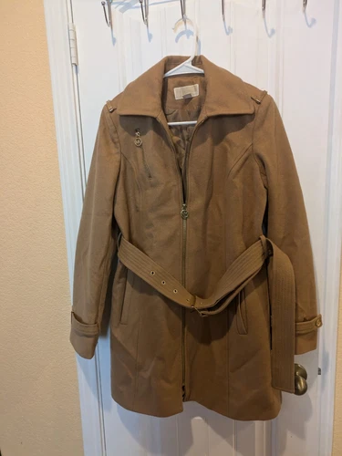 Cappotto donna Michael Kors con cintura e zip foderato misto lana marrone taglia 2