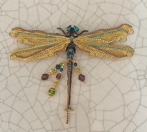 LUNCH AT THE RITZ STUNNING MASSIVE DRAGONFLY DANGLE CRYSTAL BEAD BROOCH/PENDANT - Picture 2 of 7