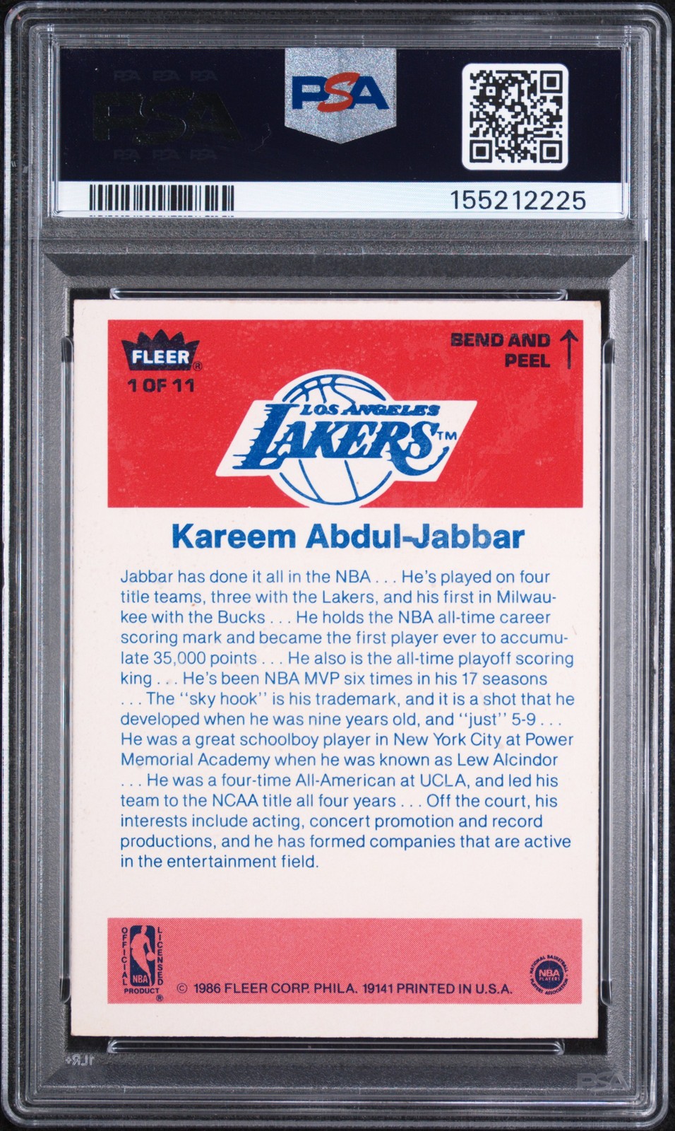 1986 FLEER STICKER #1 KAREEM ABDUL-JABBAR PSA 4 view 2