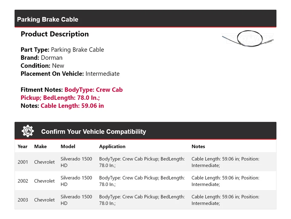 Кабель стояночного тормоза Dorman с двойной кабиной для Chevrolet Silverado 1500 HD 2001-2003 годов выпуска - Изображение 2 из 4