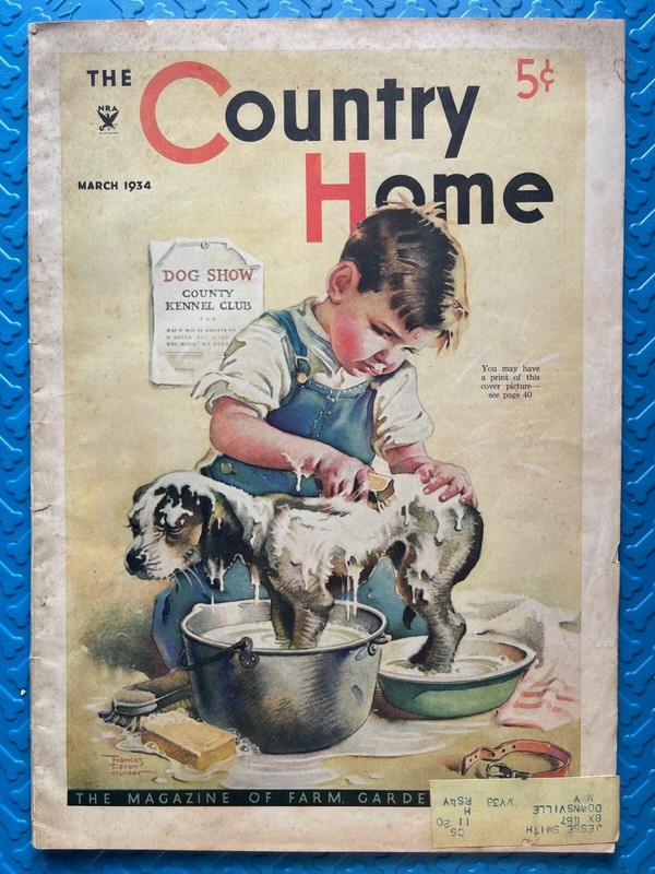 Country Home 1934 charming in puppy being bathed by child for dog show!