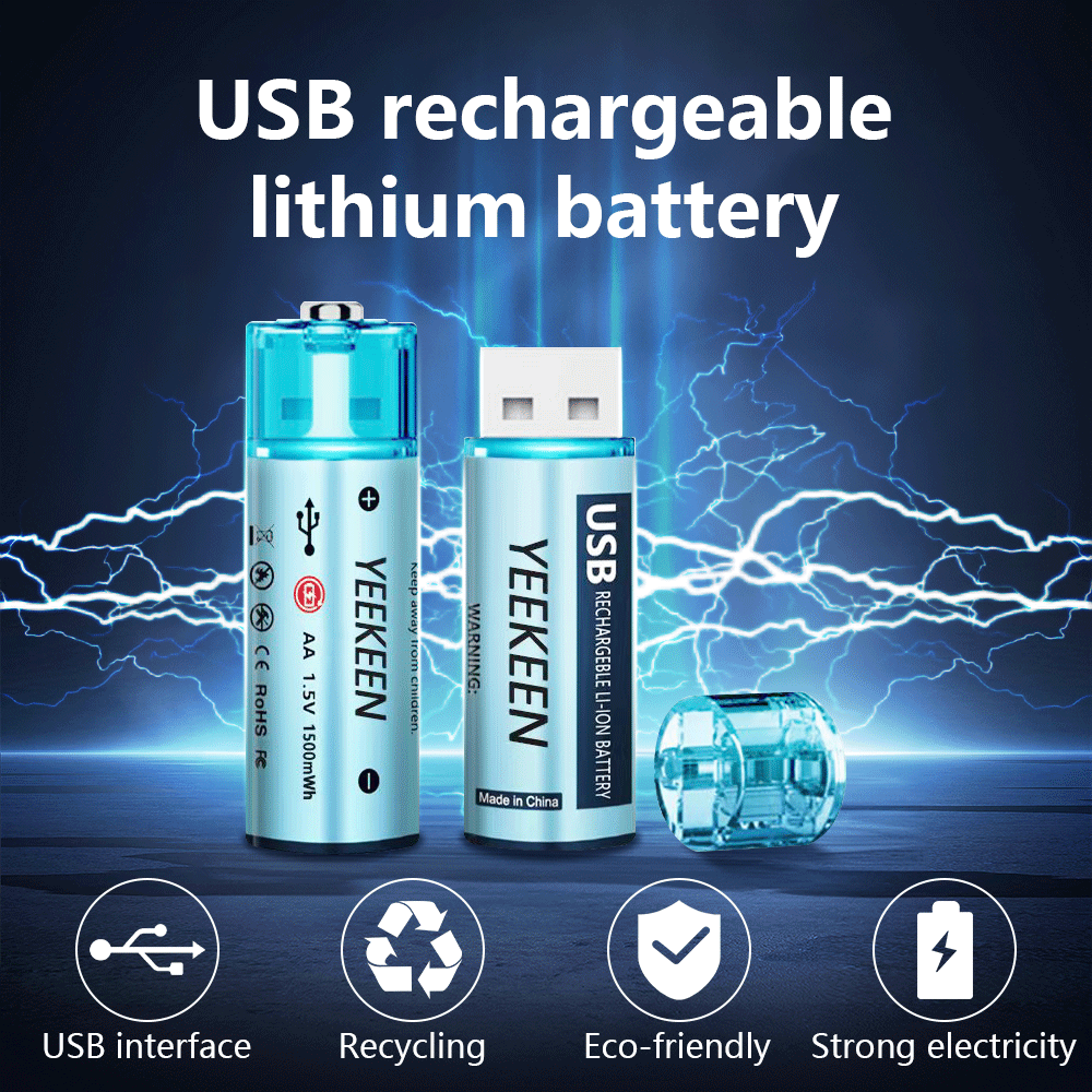 1.5V 1500mWh Rechargeable Lithium AA Batteries with USB Fast Charger-image