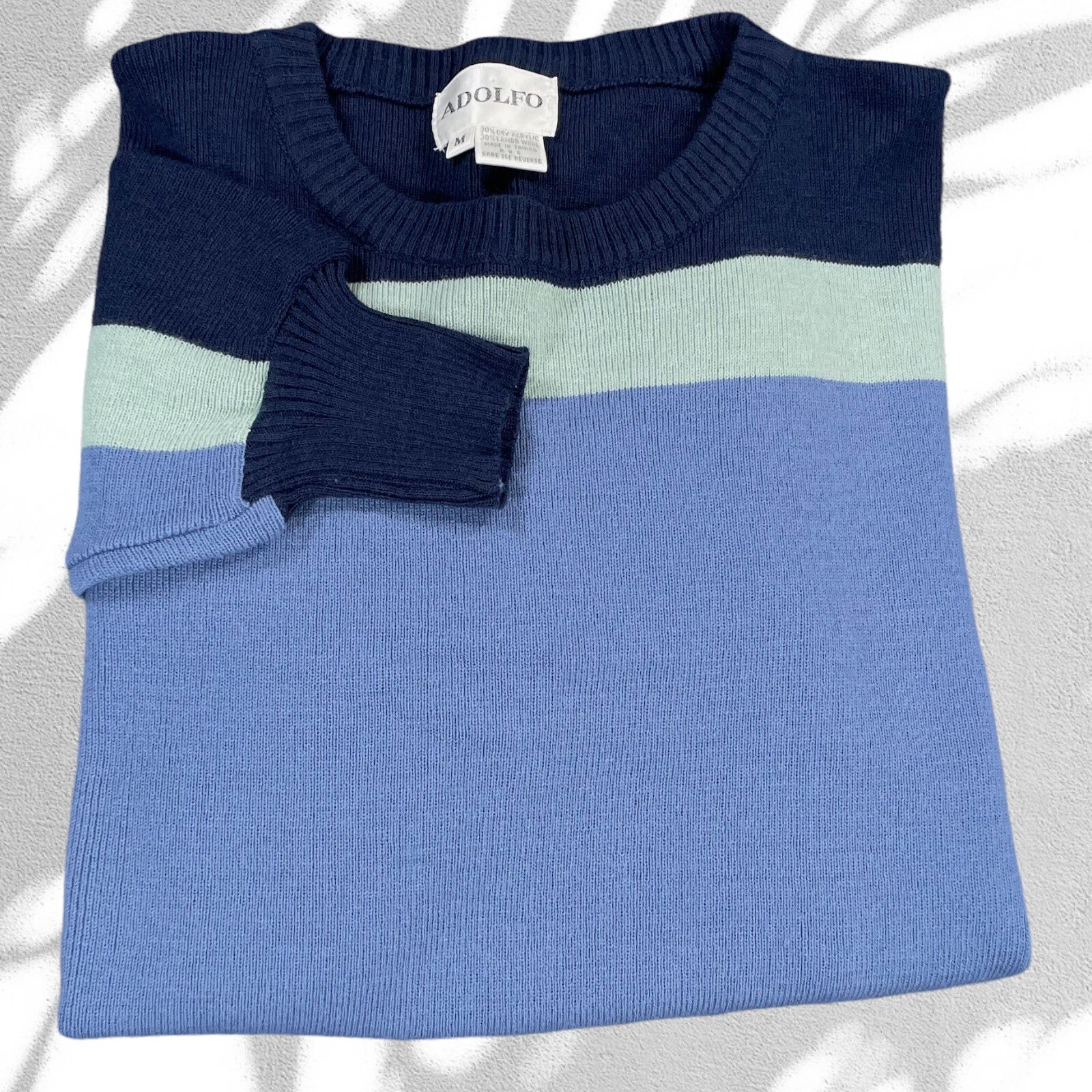 Vintage 90s Adolfo Sweater Medium Blue Wool Dry Acrylic Blend Color Block