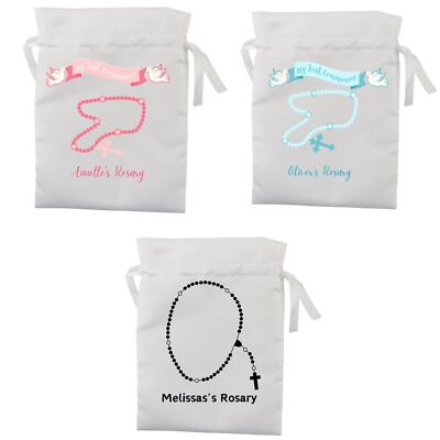 Personalisierte Kommunion Kordelzug Satin Beutel Tasche Rosenkranz Design Geschenk