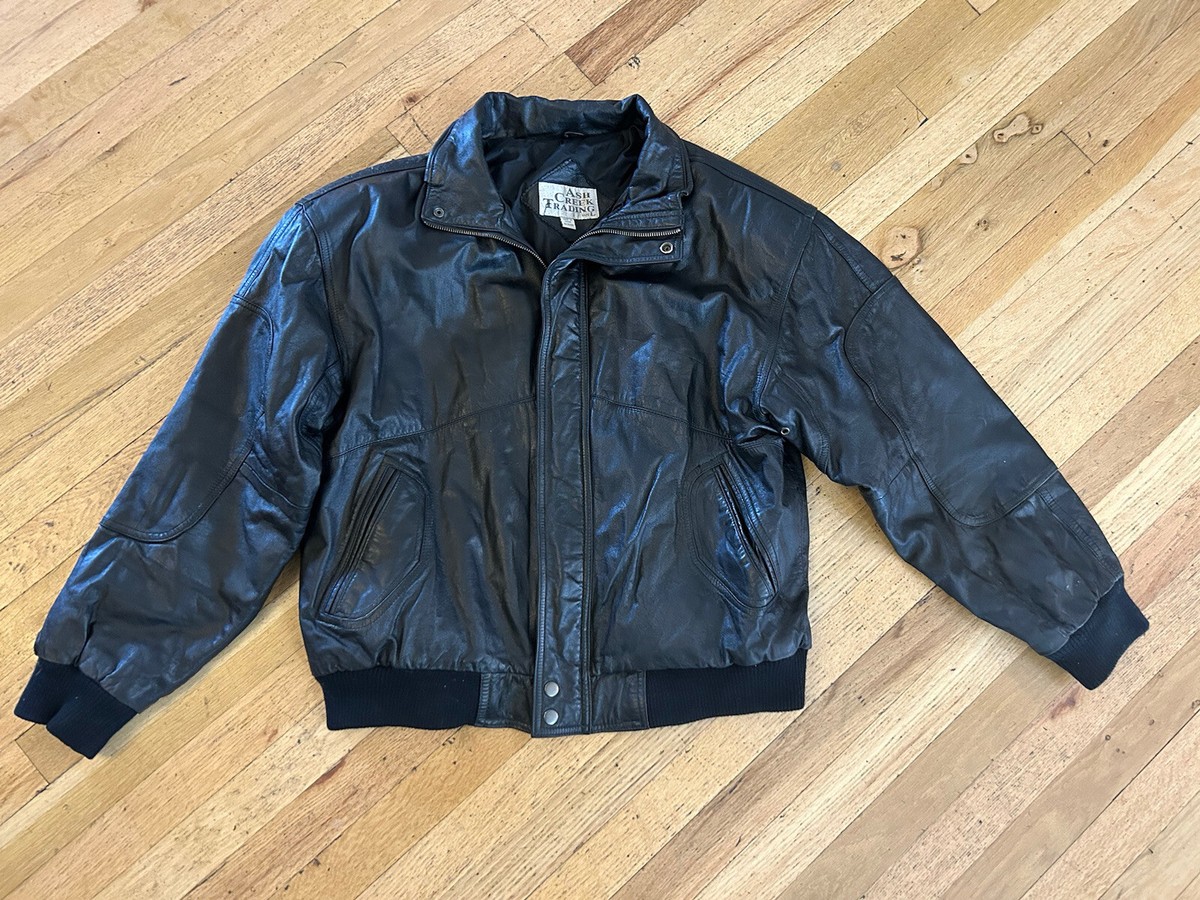 Ash Creek Trading Large Black Leather Bomber Jacket Full Zip