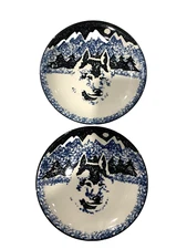 Set of 2 VTG WOLF by TIENSHAN FOLK CRAFT 7 5/8' Salad Dessert Plates Blue Sponge