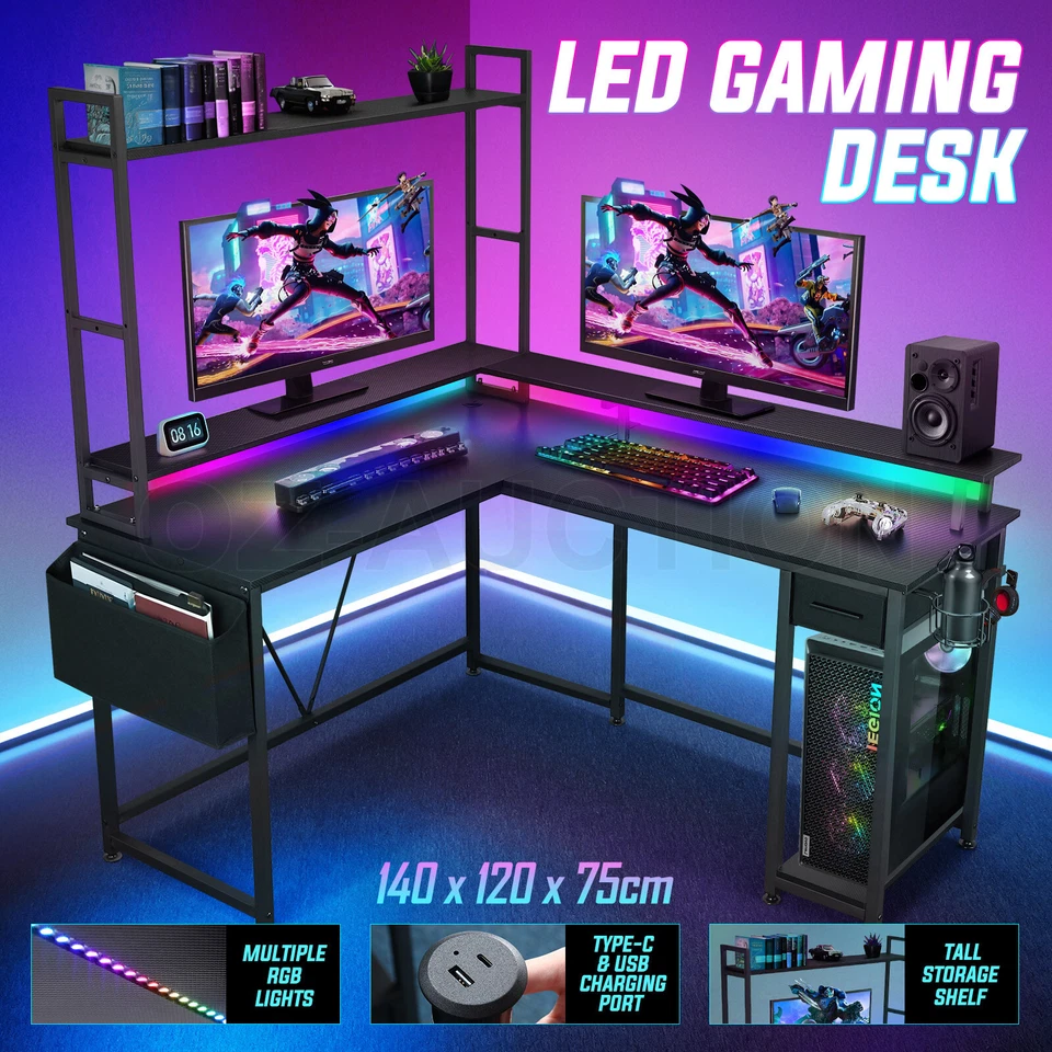 Gaming Desk L Shaped Drawer Computer Racer Standing Side Table LED Lights
