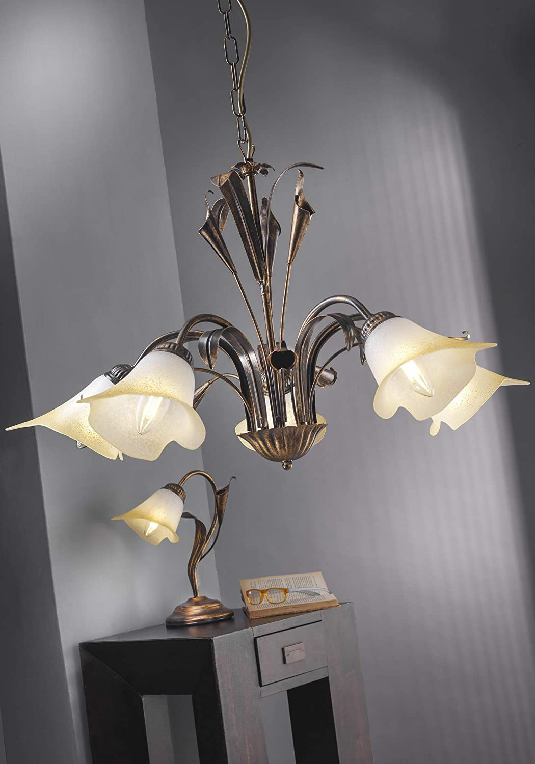 - Lampada Da Tavolo in Metallo Marrone Spennellato Oro Con Vetro Bianco Sfumato  - 3