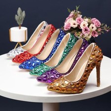 Rhinestones Women's Stiletto Heels Pumps Shoes Pointy Toe Wedding Formal Retro