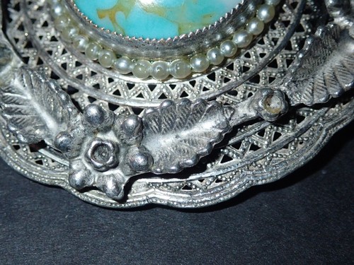 Antique Navajo Sterling Silver Brooch w Gold Matrix Turquoise & Beaded Surround - Picture 8 of 12