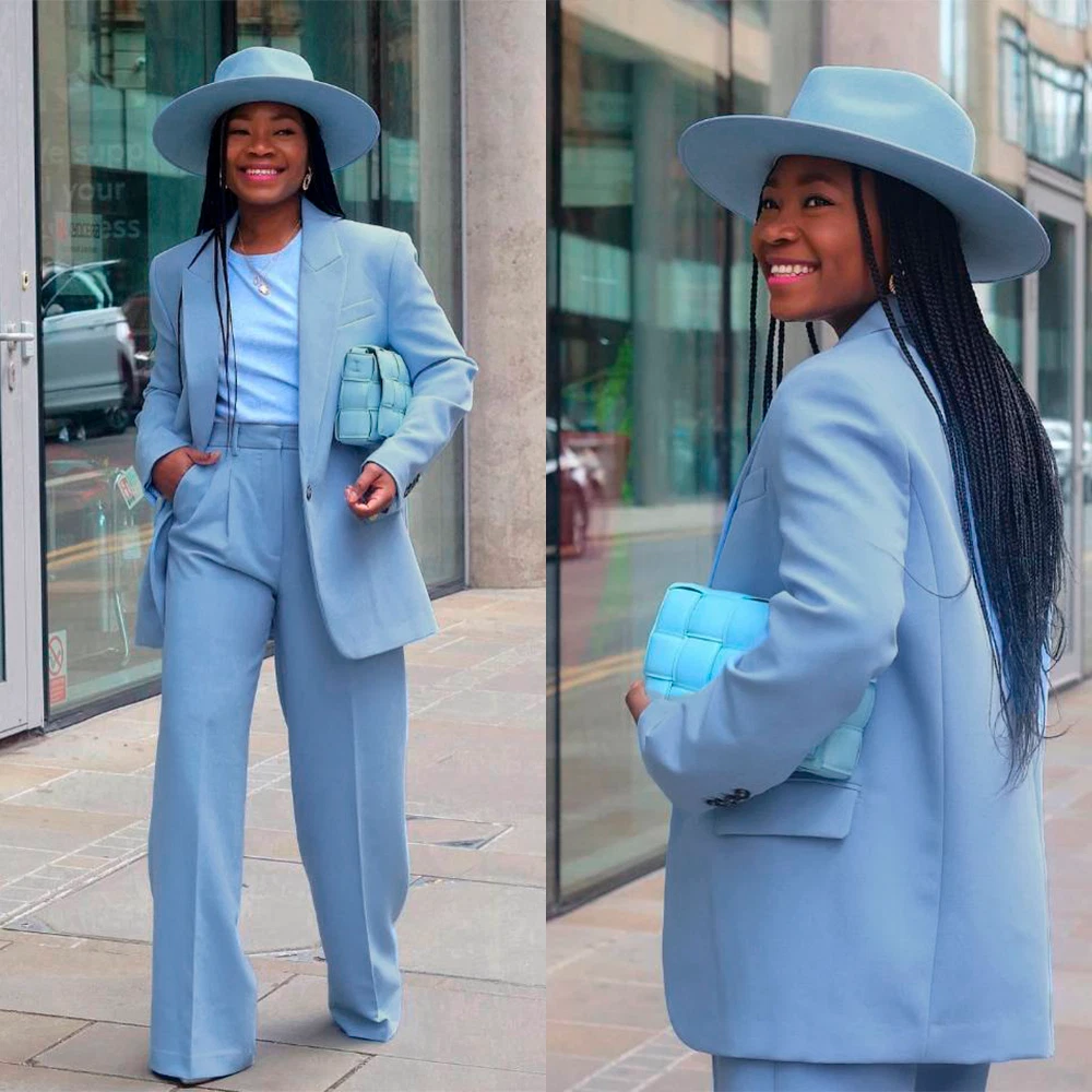 Sky Blue 2 Pcs Women Suits Set Peaked Lapel Custom Made Blazer Jacket Pants