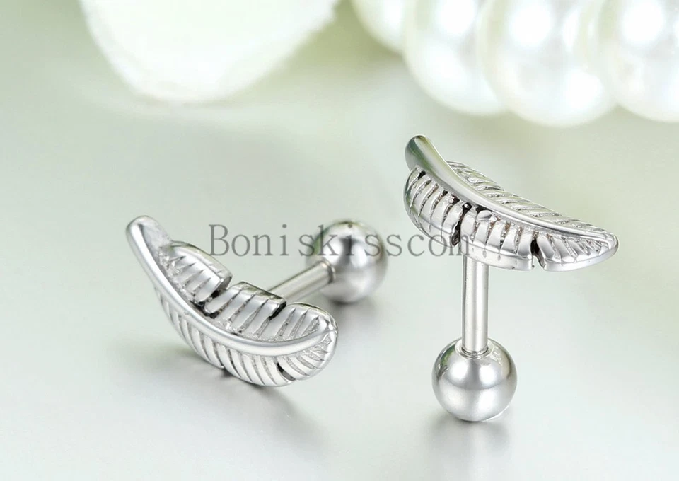 Pendiente retro plateado de acero inoxidable pluma tornillo trasero regalo de dama de honor Foto 2 de 4