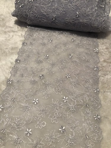 18.5cm Grey Mesh Beautiful Flowers Embroidered Lace trim Dress Sewing Per Meter