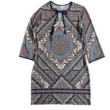Westport Women’s 10 Navy Multi. Geometric Paisley 3/4 Sleeve Stretch Shift Dress
