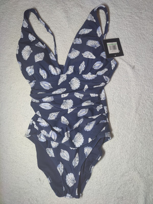 Ellen Tracy Navy Blue & White Seashell Print One-Piece Shirred Swimsuit 8 NWT