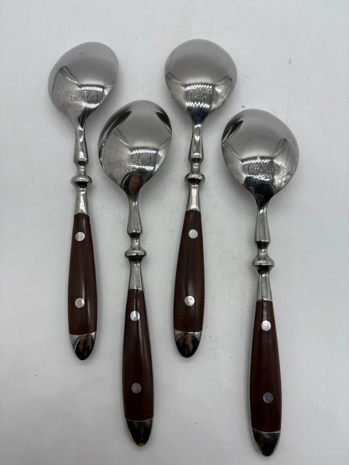 Винтажный лот из 4 суповых ложек деревянная ручка нержавеющая сталь фарфор ретро кухонная посуда 7 дюймов - Изображение 2 из 3