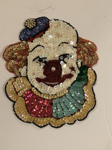 VTG Large Beaded Sequin Circus Clown Face Colorful APPLIQUE Patch - Picture 1 of 9