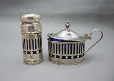 Roden Bros LTD 925 Sterling Silver with Cobalt Glass Mustard Pot and Saltshaker